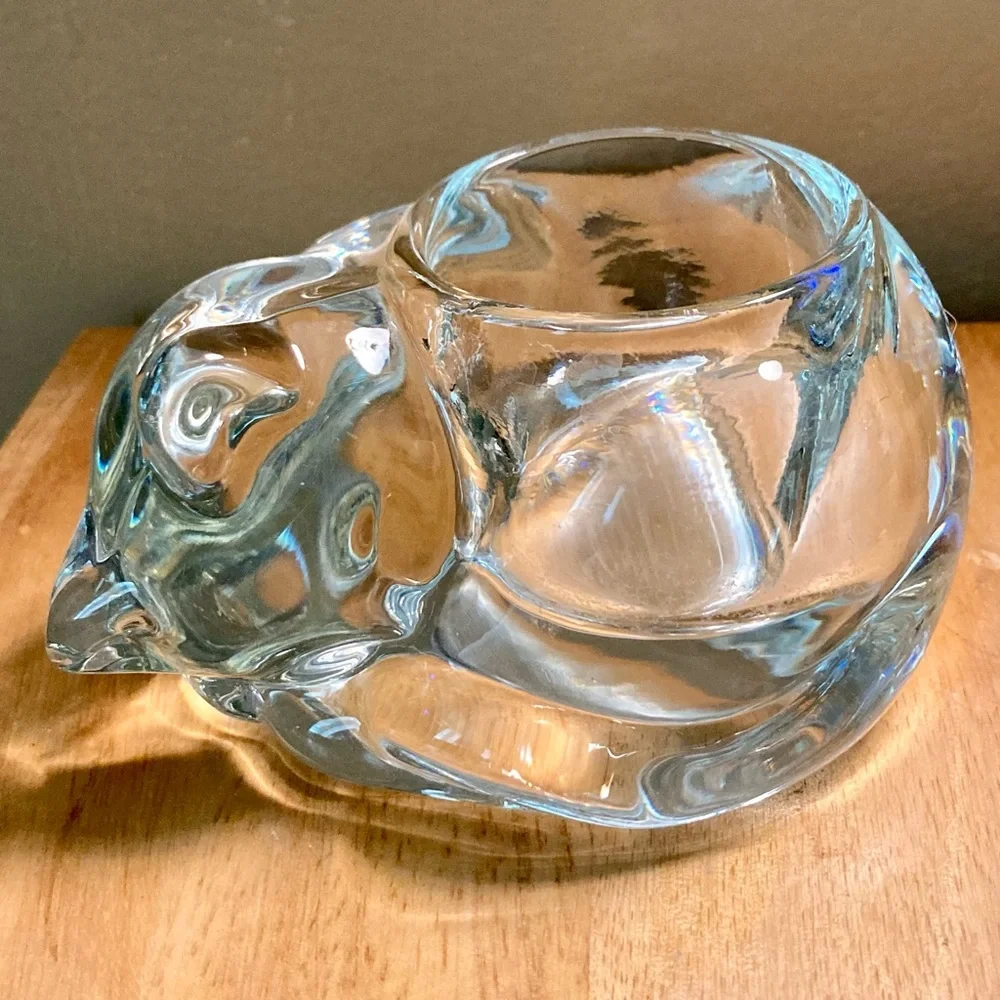 INDIANA GLASS Kitty Cat Glass Votive Candle Holder with Hand Crochet Doily
